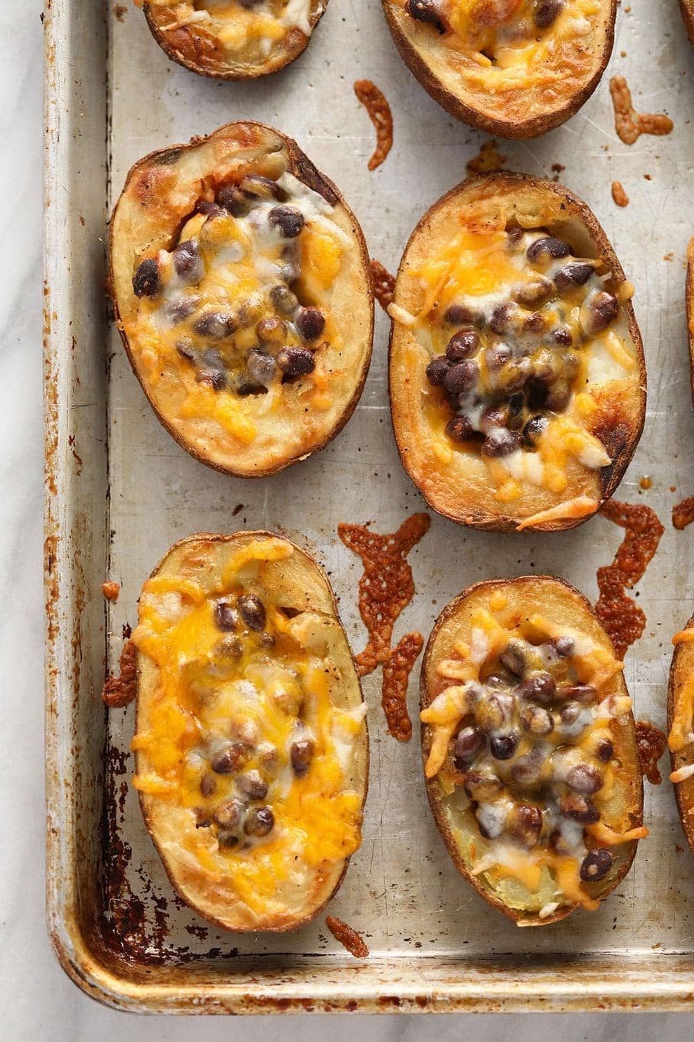 Potato skins on a baking sheet