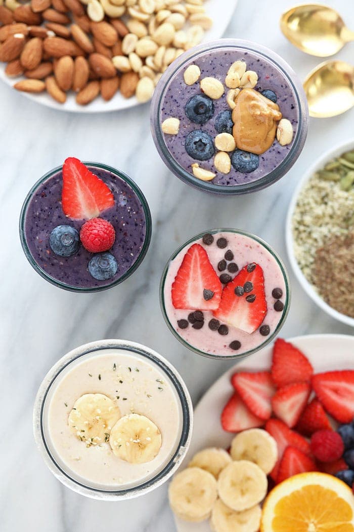 protein shakes on counter.