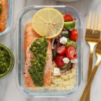 salmon meal prep in glass container