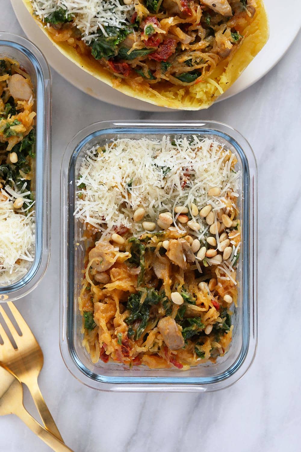 Stuffed spaghetti squash in a meal prep container