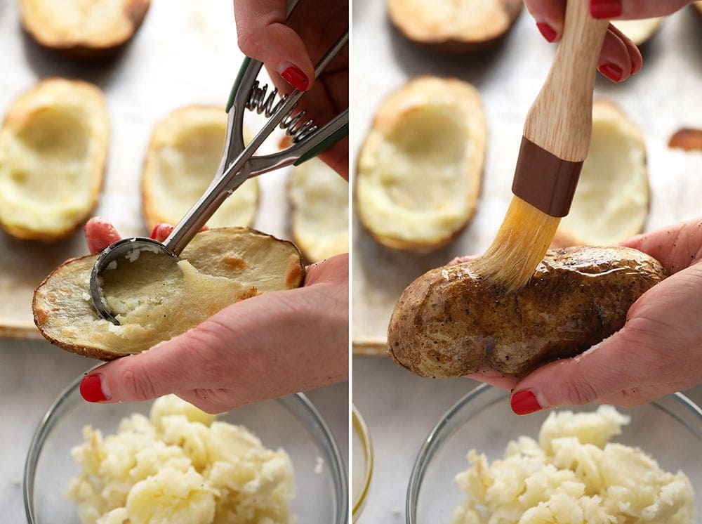 Scooping the middle out of potato skins
