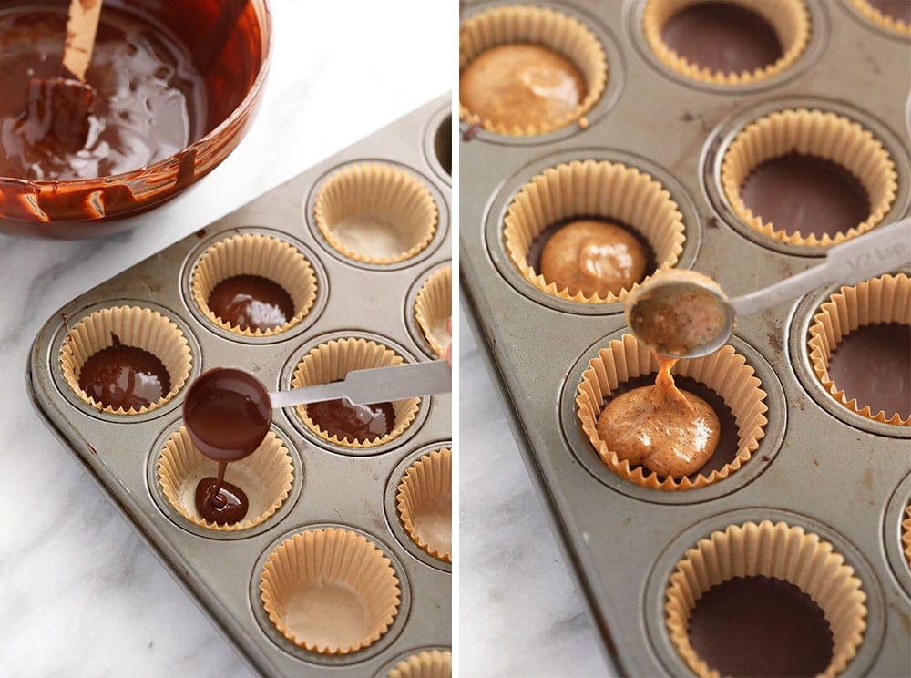 almond butter cups in muffin tin