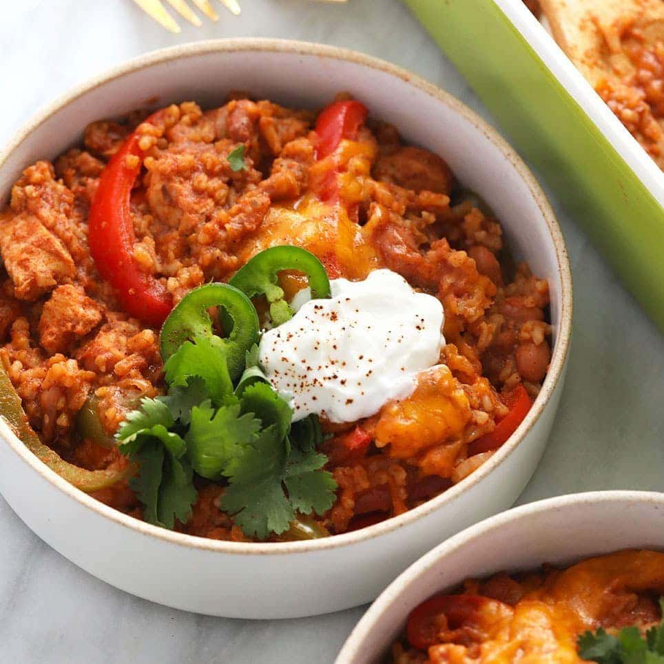 chicken burrito bowl casserole in a bowl ready to be eaten