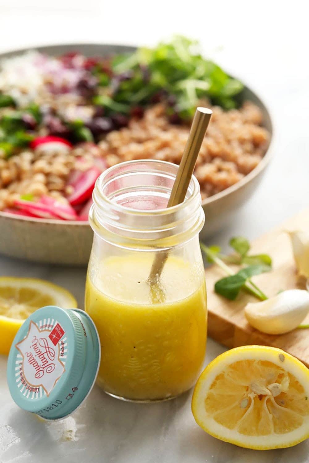 bright lemon vinaigrette dressing in a jar