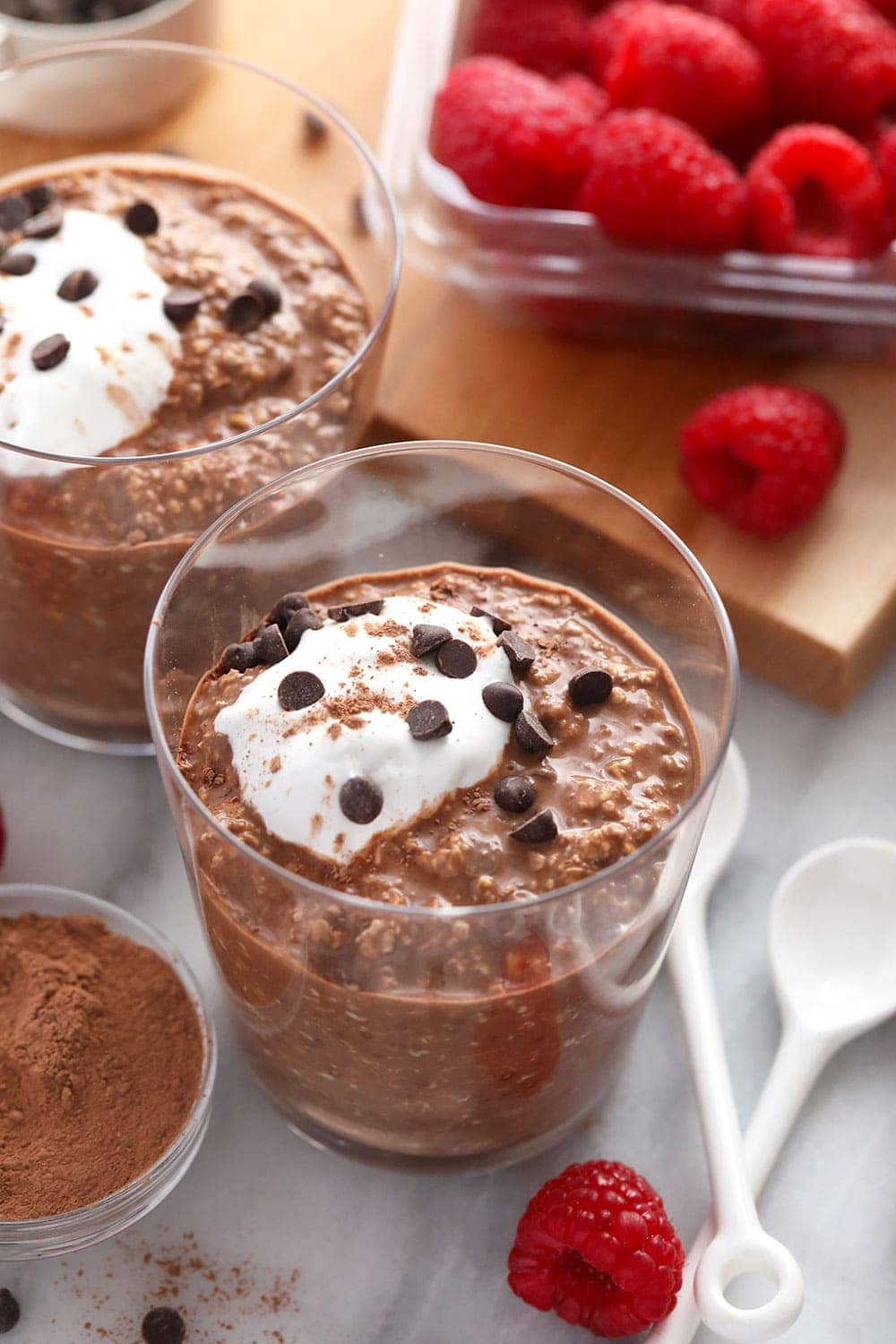 quick mocha overnight oats in a glass ready to be served