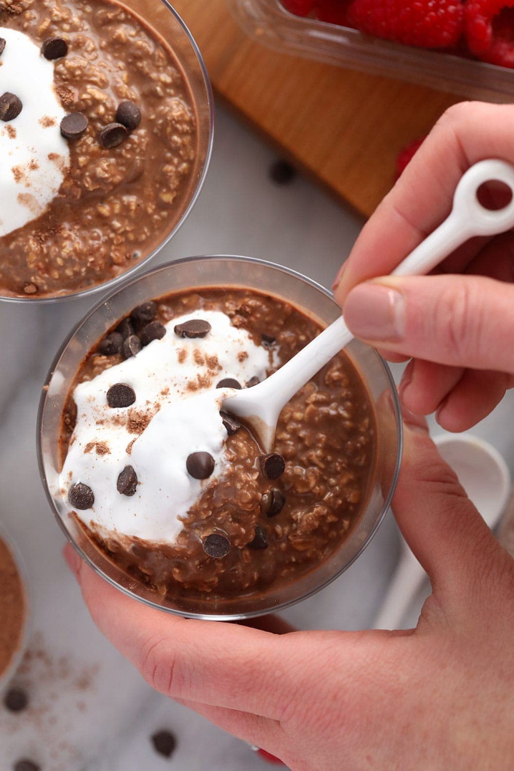 quick mocha overnight oats in a bowl with a spoon