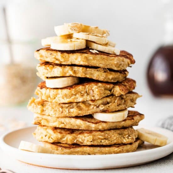 stack of banana oatmeal pancakes