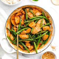 A kung pao chicken stir-fry with green beans.