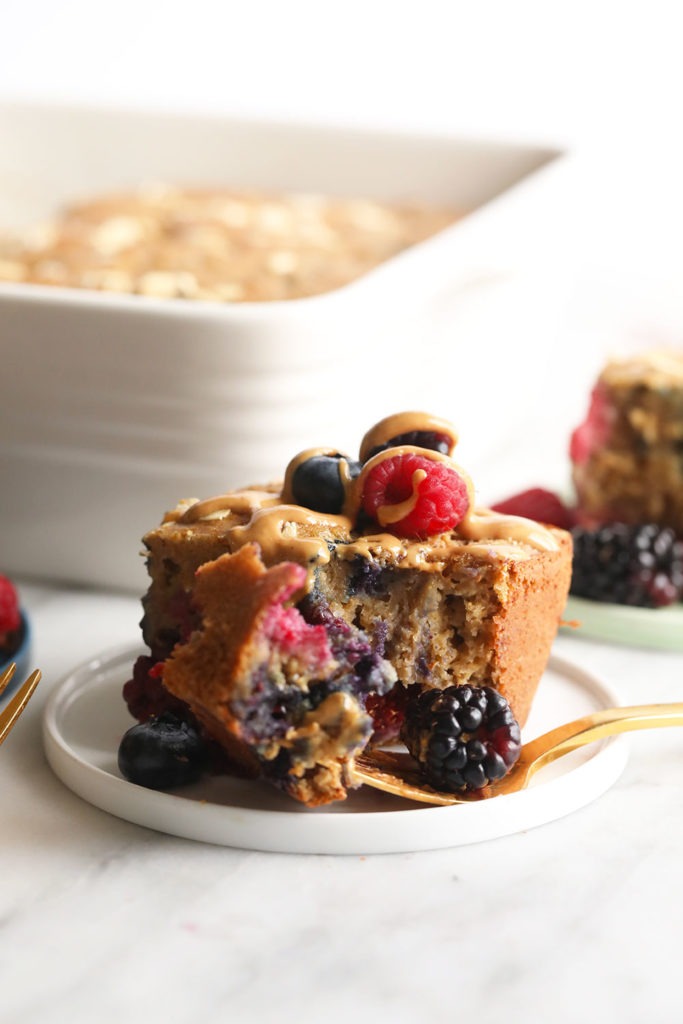 Triple berry breakfast bread on a plate.