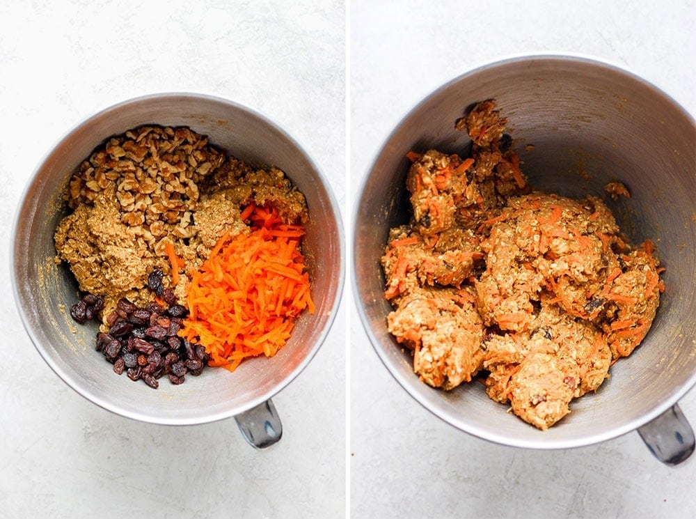 Mixing carrot and raisins into the cookie dough