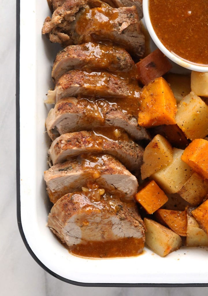 Instant pot pork tenderloin on a platter.