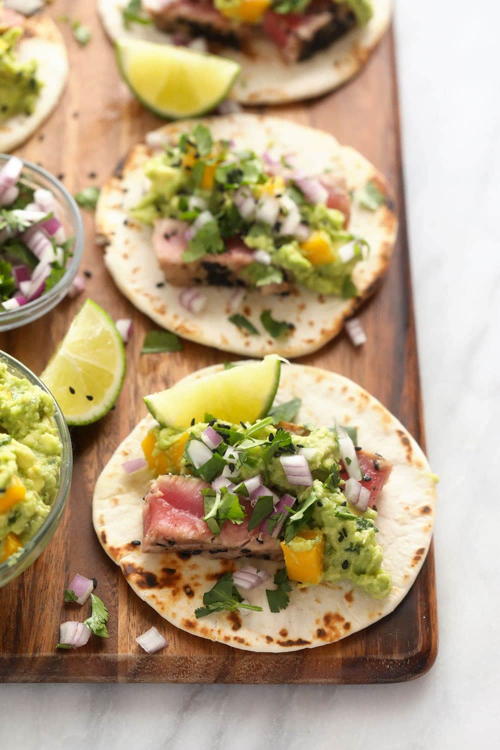 Seared Ahi Tuna Tacos with Mango Guacamole - Fit Foodie Finds