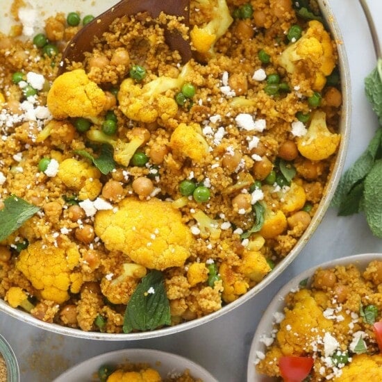 moroccan chickpea couscous in a skillet