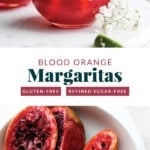 Blood orange margaritas served on a chic white plate.