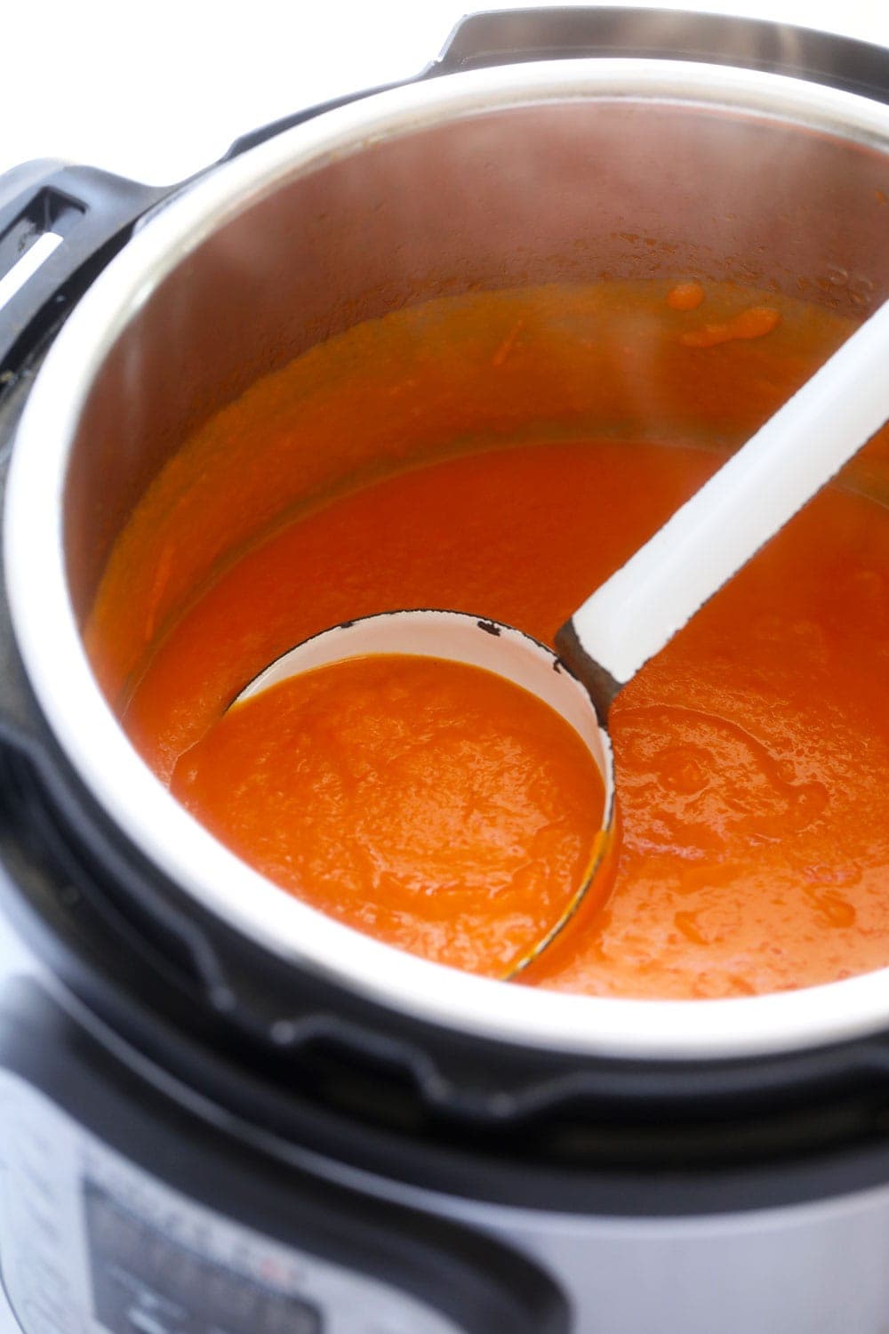sweet potato carrot ginger soup blended in the instant pot and ready to be served