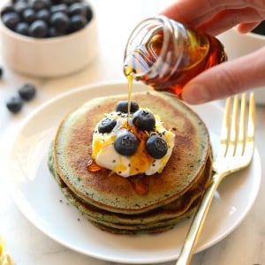 blender lemon blueberry pancakes on a plate