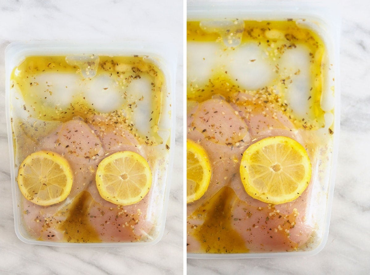 Greek chicken marinating in a stasher bag with fresh lemon slices. 