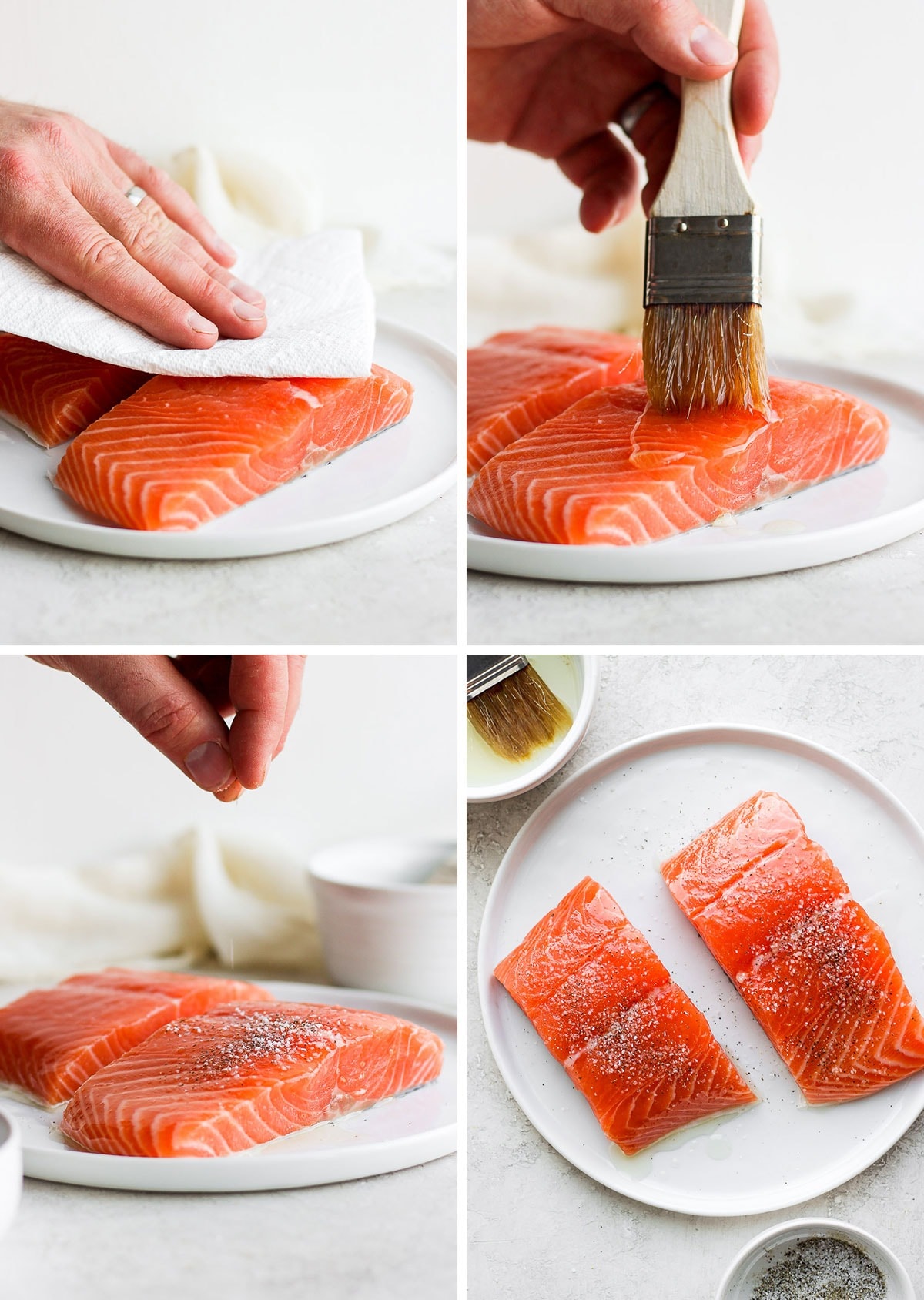 Raw salmon on a plate being seasoned with salt and pepper and brushed with olive oil.