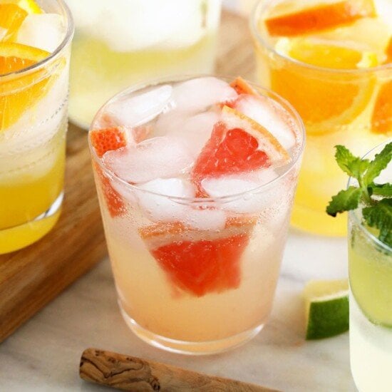 grapefruit margaritas with limes, mint and hard seltzer.