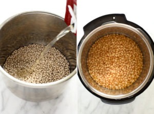 Two instant pot pictures showcasing the process of cooking baked beans.