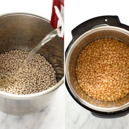 Two instant pot pictures showcasing the process of cooking baked beans.