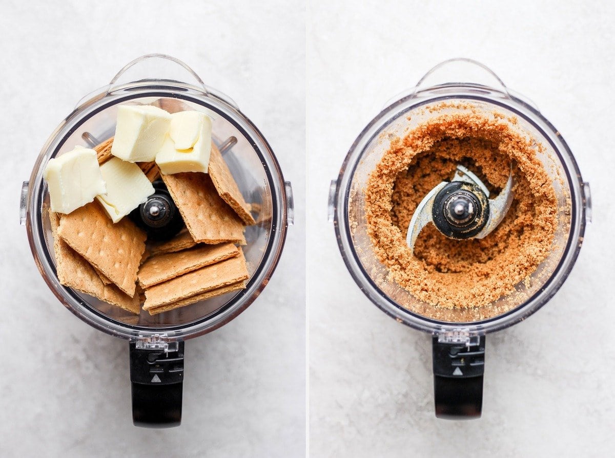 graham cracker crust for blueberry cheesecake bars being placed in a food processor.