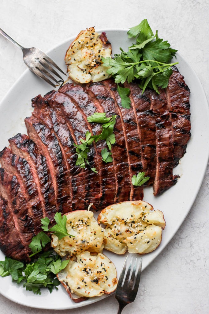 Flank steak on a plate with a fork.