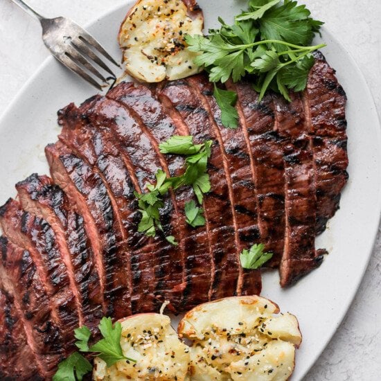 Grilled flank steak on a plate.