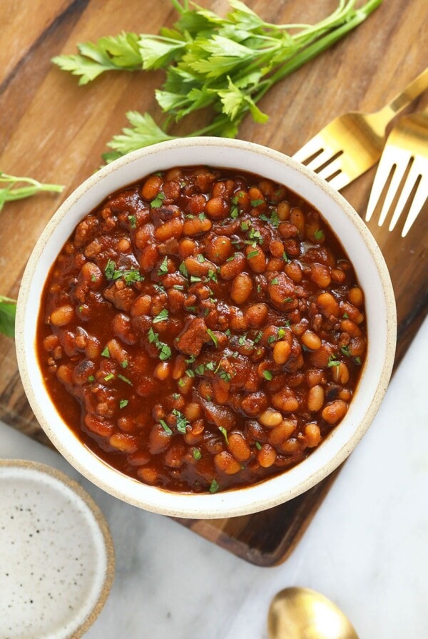 Cooked Instant Pot baked beans in a bowl!