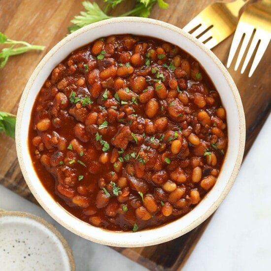 cooked baked beans in a bowl!