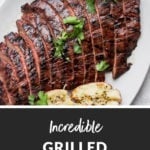 Grilled flank steak after it's grilled on a plate!