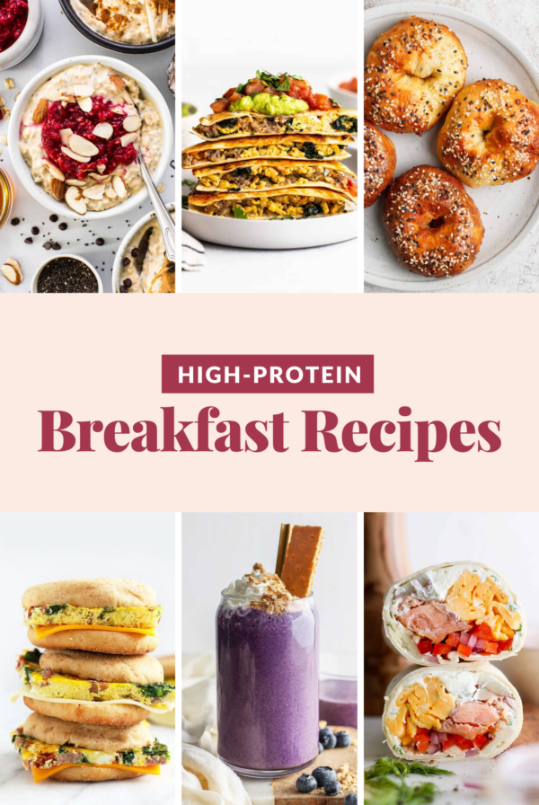 A collage of high-protein breakfast recipes, featuring protein-packed oatmeal, pancakes, bagels, sandwiches, smoothies, and wraps.