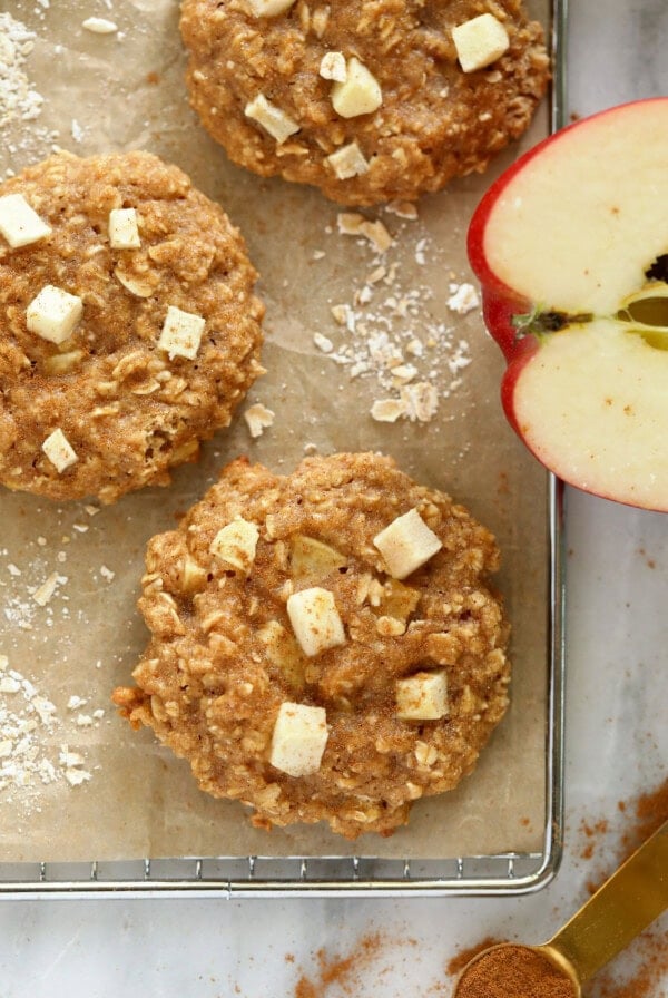 Apple oatmeal cookies with cinnamon on a baking sheet.