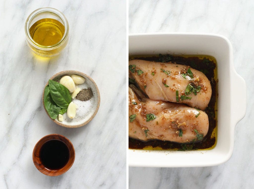 Balsamic chicken marinade ingredients and chicken breasts in dish