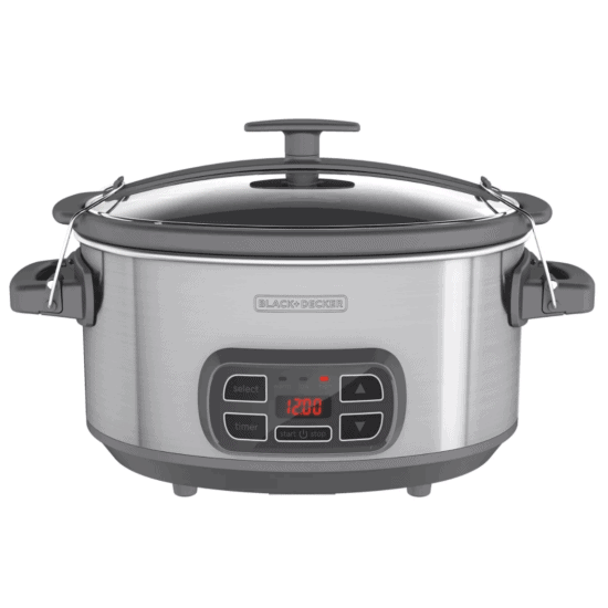 a stainless steel slow cooker on a red background.
