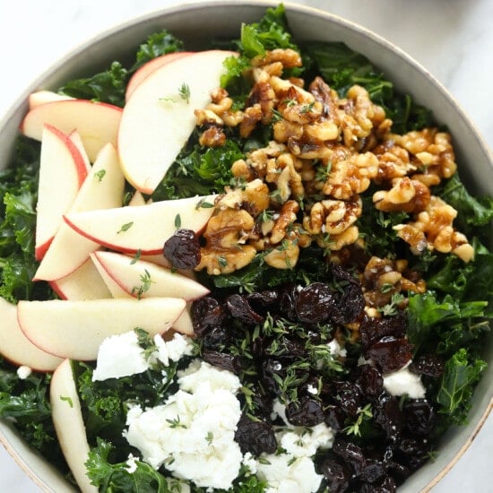 Thanksgiving salad with kale, apples, and walnuts.