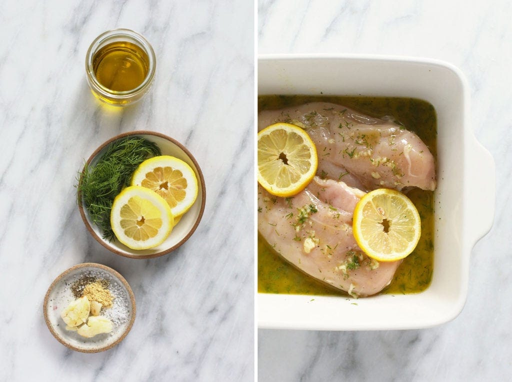 lemon chicken marinade ingredients and chicken breasts in dish.