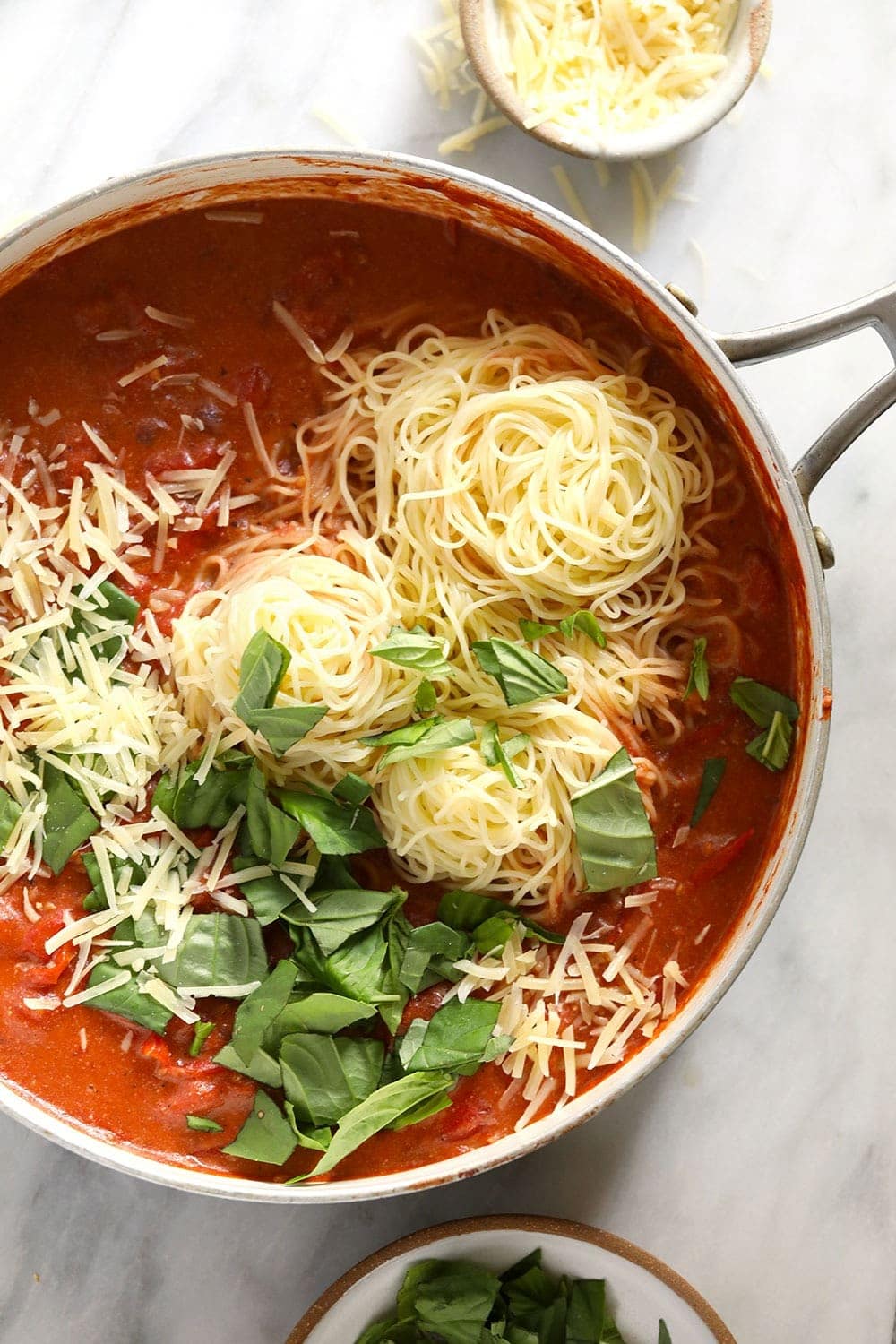 Summer pasta recipe with fresh parmesan and basil.