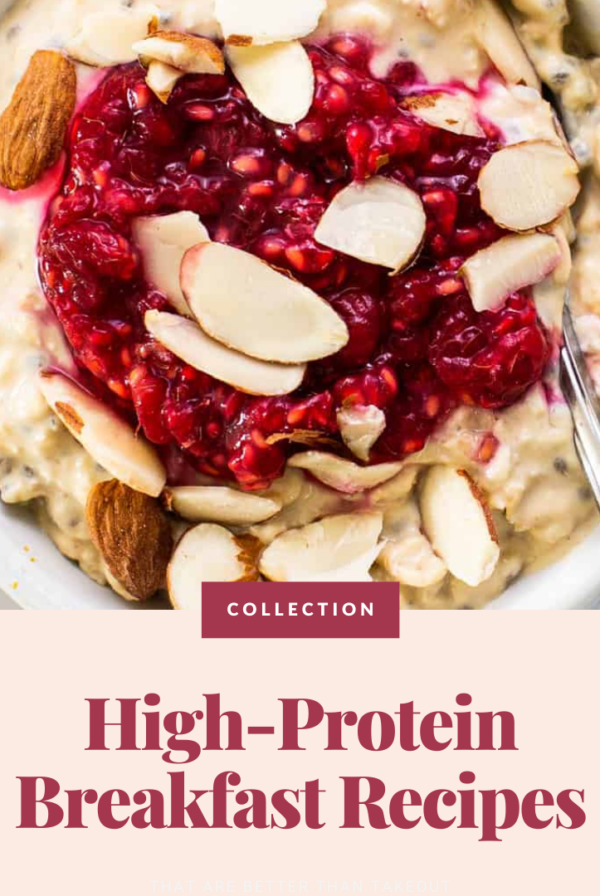 A bowl of oatmeal topped with sliced almonds and a berry compote, with a spoon resting inside. Text reads: "Discover Collection - Perfect High-Protein Breakfast Recipes.