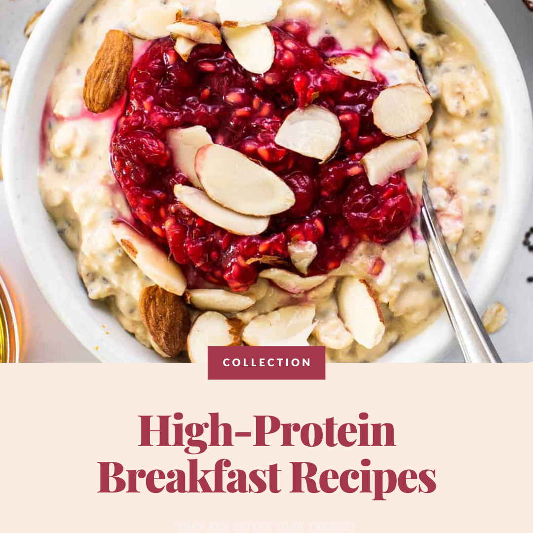 A bowl of oatmeal topped with sliced almonds and a berry compote, with a spoon resting inside. Text reads: "Discover Collection - Perfect High-Protein Breakfast Recipes.