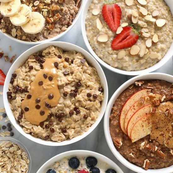Five bowls of oatmeal with different toppings from Fit Foodie Finds.