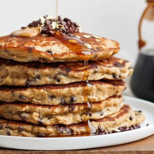 chocolate chip pancakes stacked 5 high