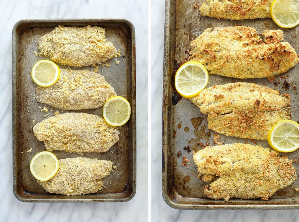 Before and after photos of baked tilapia. 