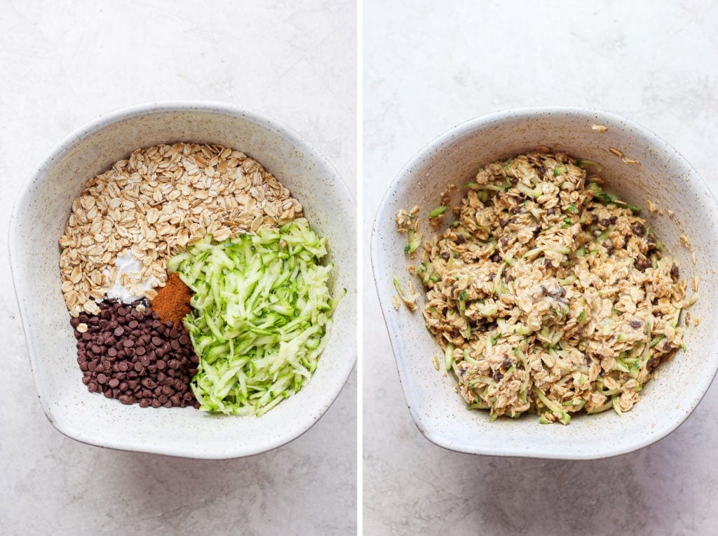 Ingredients for the zucchini oatmeal cups in a mixing bowl. 