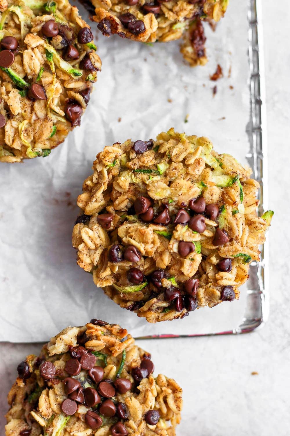 A chocolate chip zucchini oatmeal cup baked and ready to eat. 