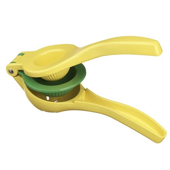 a yellow and green citrus squeezer on a white background.