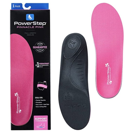 a pair of pink and black powerstep insoles.