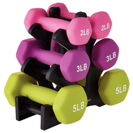 four colored dumbbells stacked on top of each other.