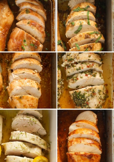 A collection of images displaying baked chicken in a dish.
