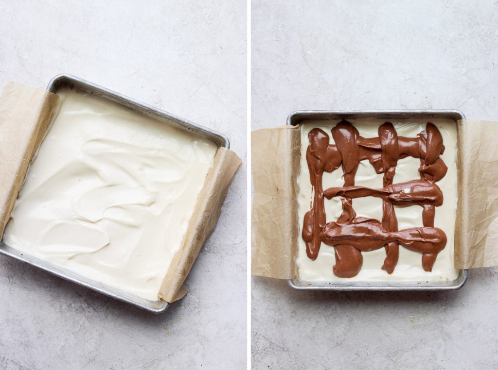 Two photos of how to make a swirl on top of cheesecake bars. 